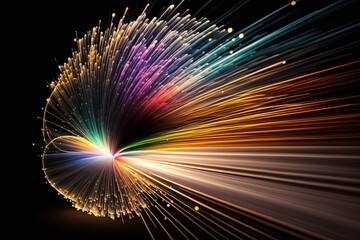 Bundles of abstract optical fiber lines. Bright light signals Generative AI
