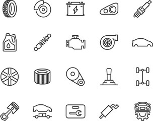 Vector set of auto parts line icons. Contains icons tire, alloy wheel, car battery, suspension, disc brake, spark plug, engine oil, gearbox, piston and more. Pixel perfect.
