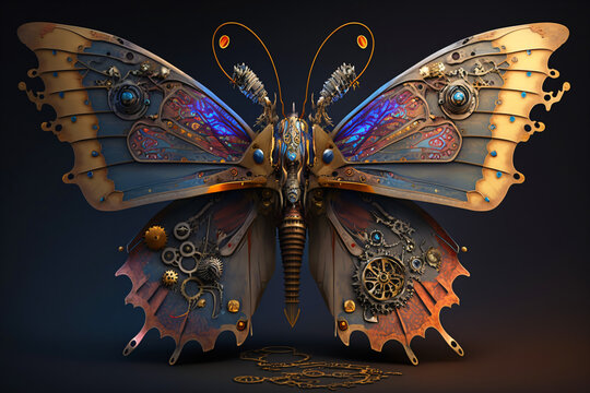 magic steampunk fantasy butterfly on dark blue background, generative ai