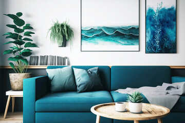 Living room with blue sofa and decoration. Generative ai interior design.