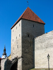 Tallinn, Estonia - July 2 2006 - An ancient wall which is a part of Toompea Castle, an ancient stronghold site in use since at least the 9th century.  Image has copy space.