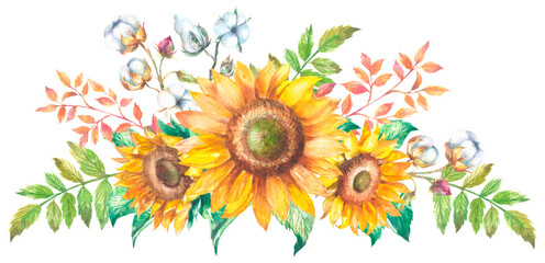Watercolor bouquet of sunflowers with cotton and leaves