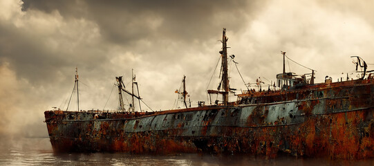Fototapeta premium abandoned old sea ship, rusty and broken with Generative AI Technology