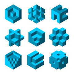 Fototapeta na wymiar Blue geometric cube shapes set. Group of 9 abstract hexagon objects. Cross, room, stairs, diamond. Business logo template. Geometry design element. Isometric block. Vector illustration, 3D, clip art.