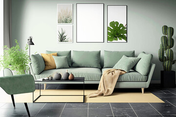 Modern Living room with green couch. Generative ai interior design.