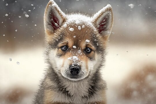 Cute wolf baby playing in winter snow portrait Generative AI