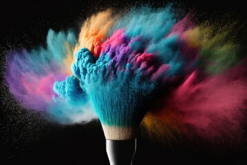 Make-up brush with colorful powder explosion on black background, AI generative.