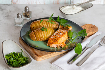 Cut potatoes and bake in the oven on the tray.