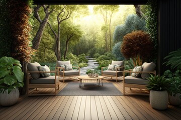 Outdoor living area and beautiful nature 3d rendering image,A place surrounded by nature ,There are wood floor and rattan furniture generative ai