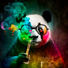 Multi-colored panda in puffs of smoke Generative AI