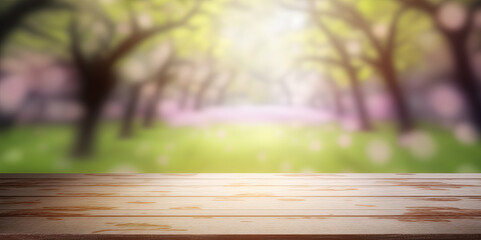 Empty wooden desk with blurry spring nature background. Generative AI.
