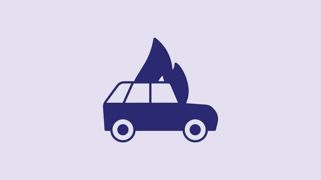 Blue Burning car icon isolated on purple background. Car on fire. Broken auto covered with fire and smoke. 4K Video motion graphic animation