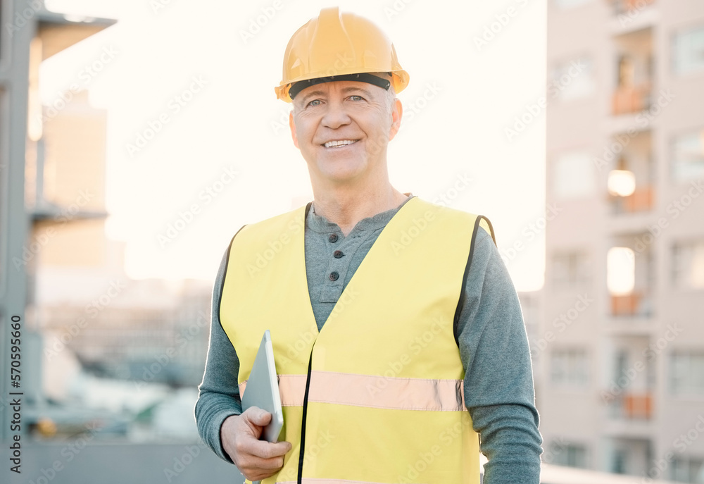 Poster construction, tablet and portrait of old man in city with vision, planning and ideas for property de