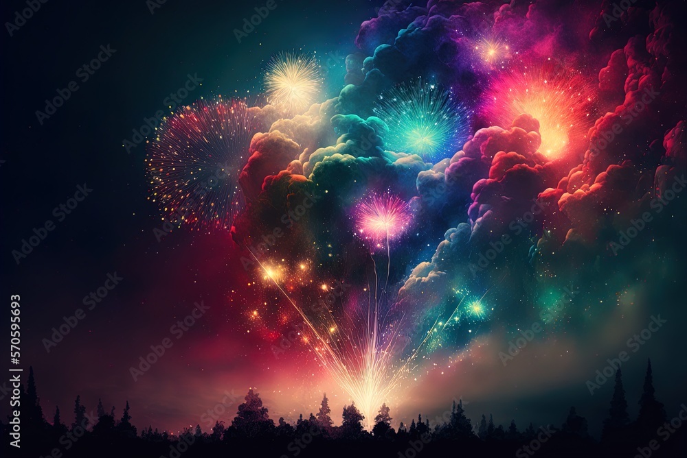 Poster skylit fireworks of many colors generative ai