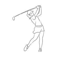 Line art drawing of golfer, Women playing golf illustration
