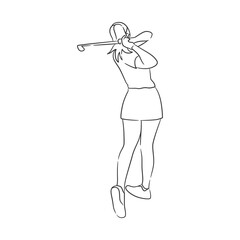 Line art drawing of golfer, Women playing golf illustration