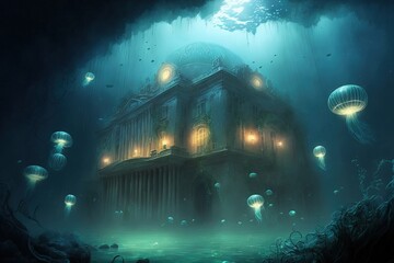 Ruined city underwater. Underwater ancient city in the depths of the ocean. Atlantis lost world. ancient sunken architecture. Generative AI