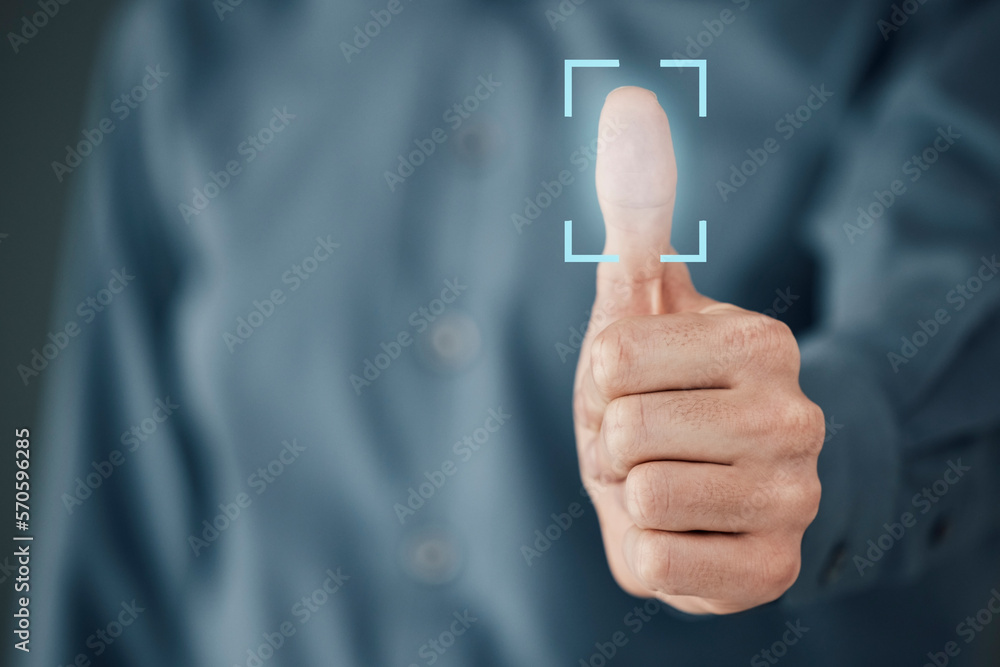 Poster Safety, password and fingerprint biometric with businessman for future, data and security mockup. Technology, innovation and digital transformation with employee and scan hologram for identification