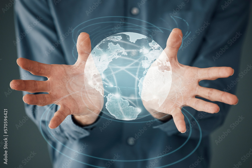 Poster Future, communication and globe with hands of businessman for digital transformation, social media and internet. Networking, database and hologram with employee and world for technology, cyber and 3d
