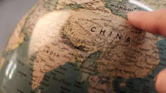 China on a globe map close-up.