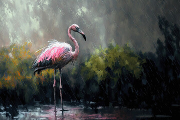 Flamingos in the rain. Oil painting. Generative AI.