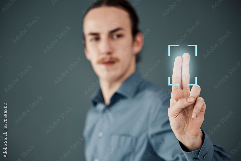 Poster Password, security and fingerprint scan with businessman for future, data and safety mockup. Technology, innovation and digital transformation with employee and biometric hologram for identification