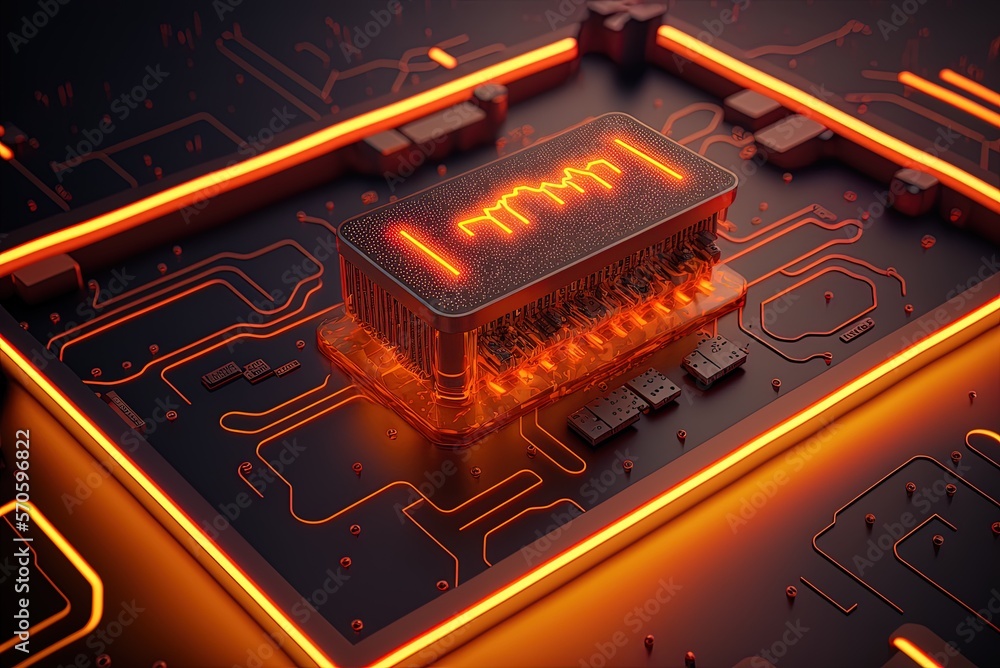 Poster microchip displaying a low battery icon as a metaphor for energy technology. electric orange neon a 