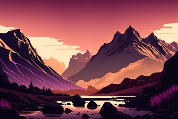 Landscape with silhouettes of mountains and Mountain river. Nature background Generative AI