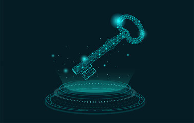Holography Key float in the air. Low poly illustration. Concepts about the business key to success in a digital age, keywords, code, and data.