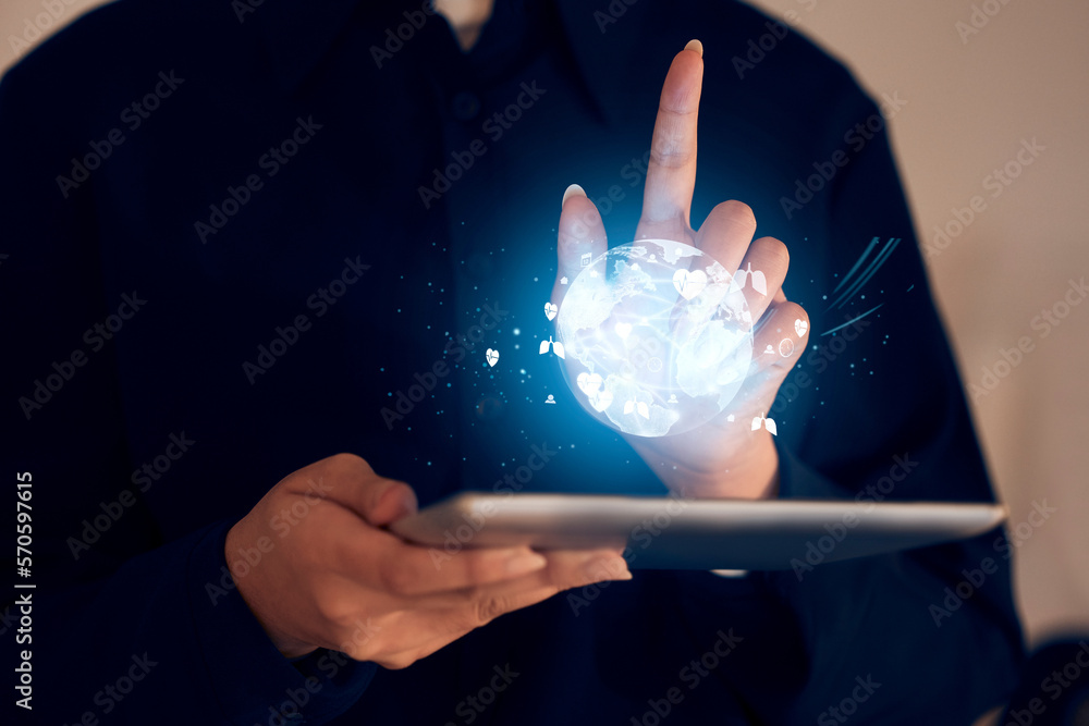 Poster globe, networking and tablet with hands of woman for augmented reality, technology abstract and soci