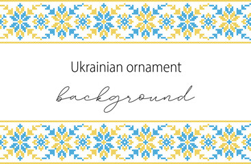 Ukrainian vector background, banner, poster.Traditional folk, ethnic ornament. Border in yellow and blue Ukrainian flag colors. Pixel art, vyshyvanka, cross stitch