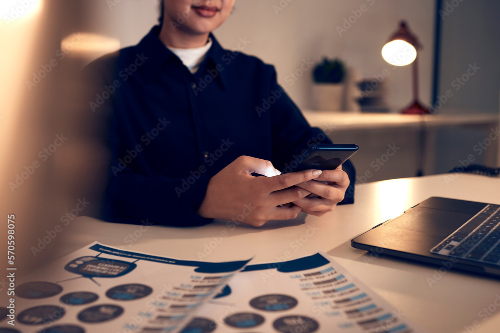 Poster business woman, hands and phone in office for texting, web browsing or social media. technology, cel