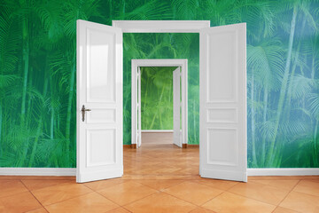 empty room with photo wallpaper with jungle print