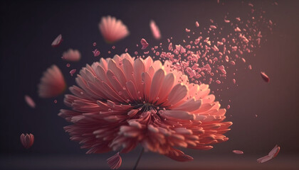 Beautiful flying pastel pink flower and petals levitation at light background, creative floral layout, horizontal, generative ai