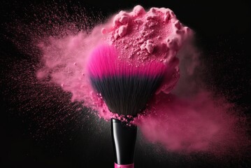 Make-up brush with pink powder explosion on black background, AI generative.