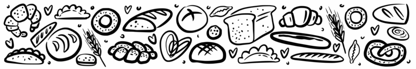 Horizontal collection of bread pastries, hand-drawn in the style of a doodle