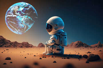 Obraz na płótnie Canvas Little astronaut looking at the earth from Mars, Generative AI