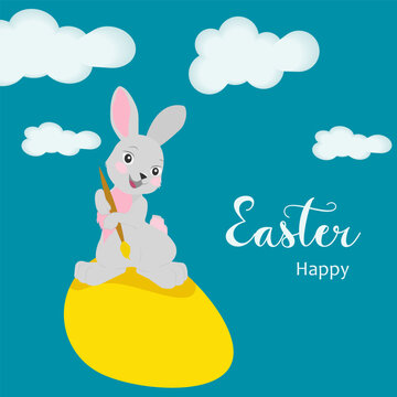 A flat vector illustration of a cute cartoon bunny stands on an Easter egg and paints it yellow with a brush
