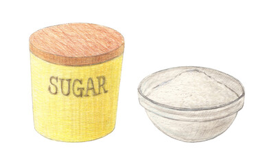 砂糖入れとガラス容器に入った砂糖　水彩色鉛筆イラスト
