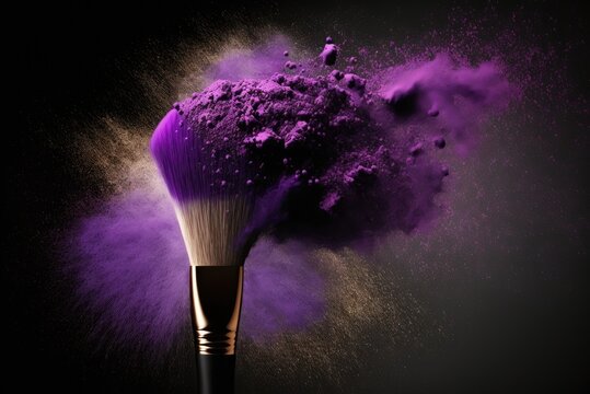 Make-up brush with purple powder explosion on black background, AI generative.