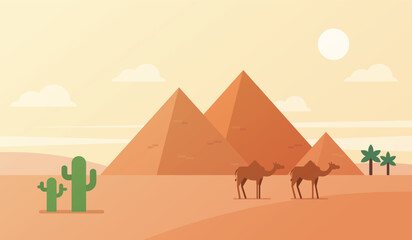 Egypt desert landscape. Egyptian pyramids with camels vector illustration