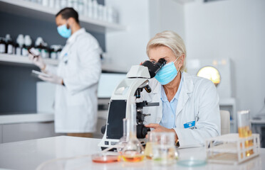 Microscope, face mask and science woman for medical analysis, virus or bacteria research in laboratory. Covid vaccine, pharmaceutical and biotechnology people, professional expert or scientist
