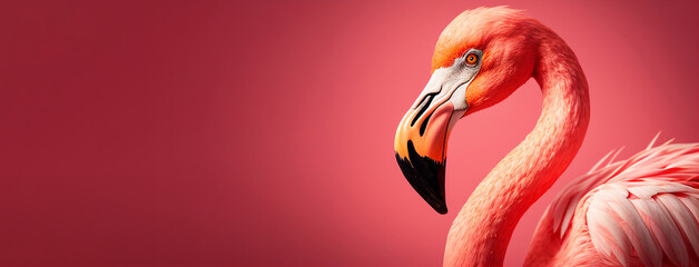 Naklejka premium Beautiful pink flamingo on pink background with copy space. Illustration AI