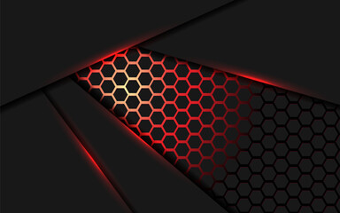 Dark abstract red light background gradient shapes with hexagon mesh pattern decoration.