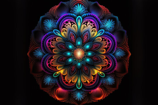 Colorful neon gradient fractal mandala shapes as wallpaper background (Generative AI)	