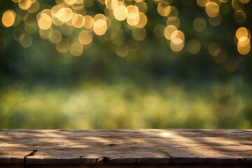 Green plant, empty wooden table for product packshot. Blurred bokeh. Generative AI