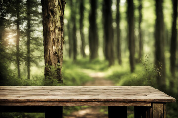 Old grunge table in the forest. Natural background for product with copy space. Generative AI
