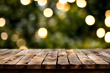 Wooden table desk and natural green background. Generative AI