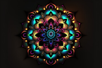 Colorful neon gradient fractal mandala shapes as wallpaper background (Generative AI)