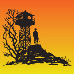 Watchtower silhouette in black color in sunset gradient background, watchtower vector illustration